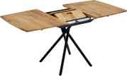 Uitschuifbare eettafel met massief houten blad en zwarte metalen poten, met aan de zijkant uitschuifbare tafelbladen en zichtbaar uitschuifmechanisme, perspectivisch aanzicht schuin van bovenaf
