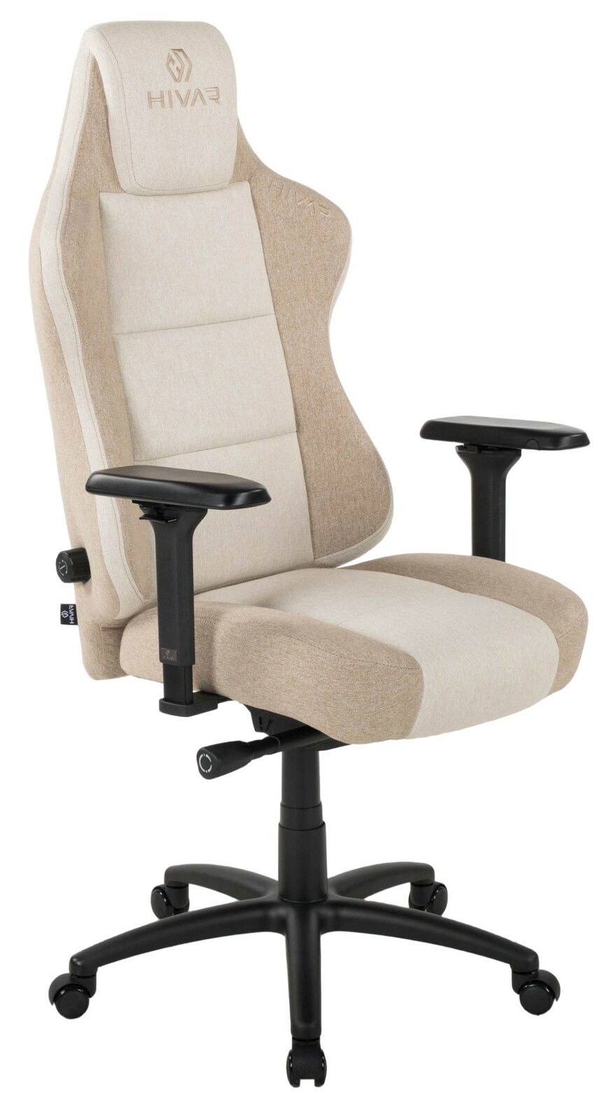 Beiger Gaming Stuhl mit ergonomischem Design, verstellbaren Armlehnen und stabiler schwarzer Basis, seitliche Perspektive