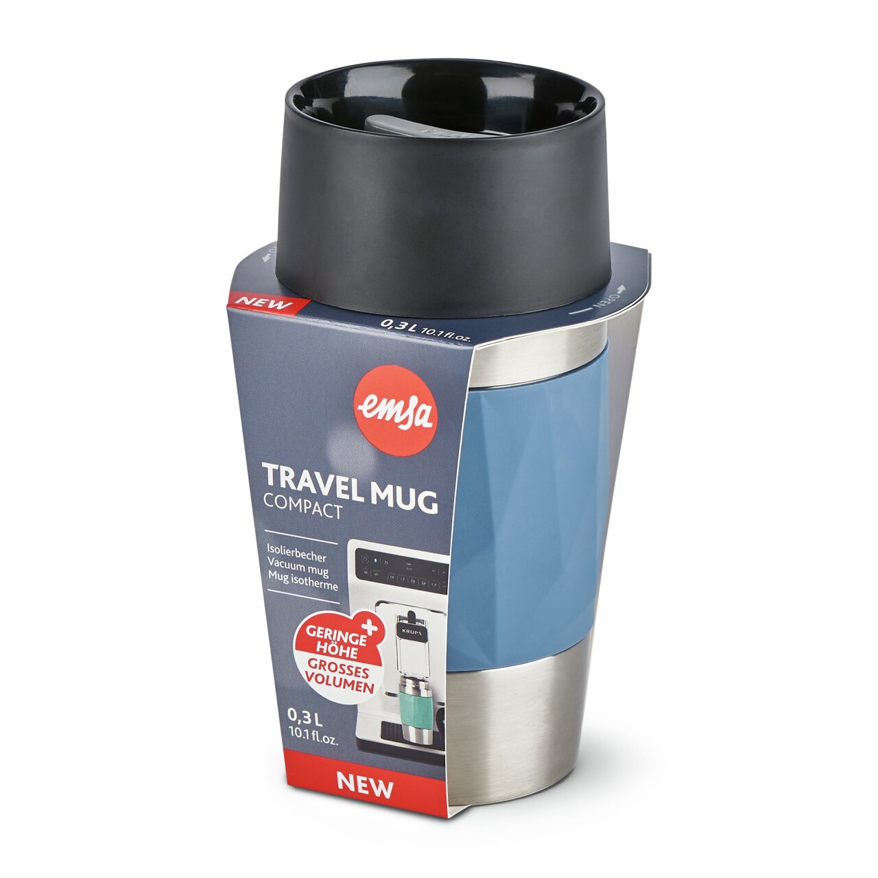 Thermobecher 0,3L hellblau, Vorderansicht mit Verpackung