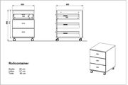Rollcontainer mit drei Schubladen, auf Rollen, in der Perspektive von vorne und seitlich gezeigt. Maße: Breite 40 cm, Höhe 57 cm, Tiefe 49 cm.