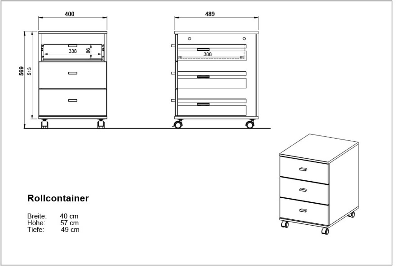 Rollcontainer mit drei Schubladen, auf Rollen, in der Perspektive von vorne und seitlich gezeigt. Maße: Breite 40 cm, Höhe 57 cm, Tiefe 49 cm.