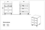 Rollcontainer mit drei Schubladen, auf Rollen, in der Perspektive von vorne und seitlich gezeigt. Maße: Breite 40 cm, Höhe 57 cm, Tiefe 49 cm.