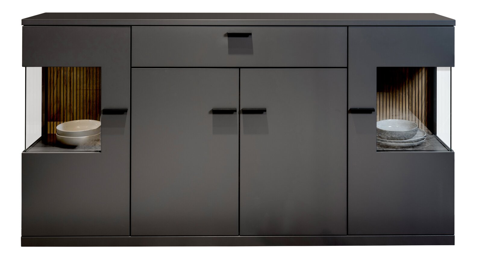 Modernes Sideboard in dunklem Grau mit zwei offenen Fächern an den Seiten, die dekorative Schalen enthalten. Frontalansicht.