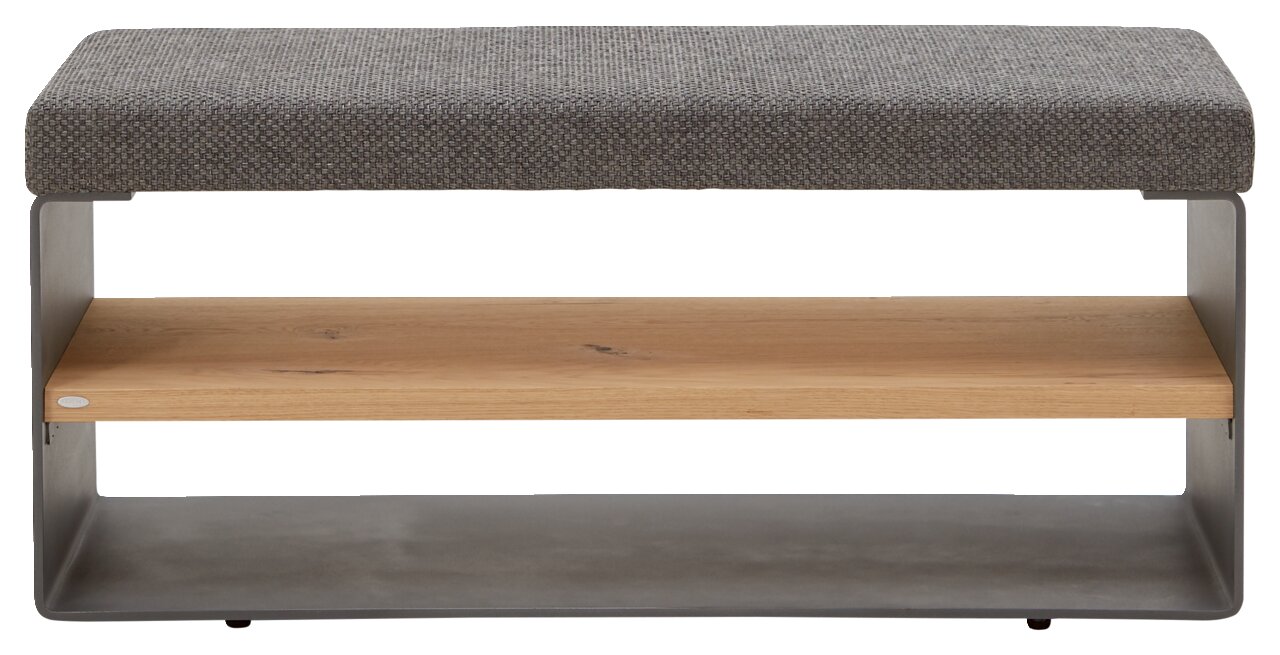 Voglauer Bank TAURINO Bank mit grauem Polster, Holzablage und Metallrahmen, Frontalansicht