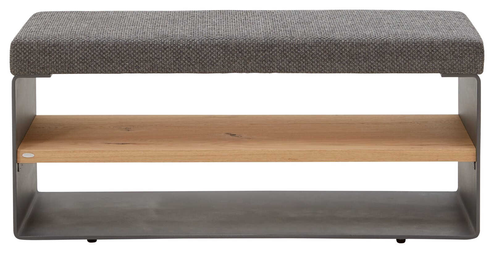 Bank mit grauem Polster, Holzablage und Metallrahmen, Frontalansicht