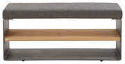 Bank mit grauem Polster, Holzablage und Metallrahmen, Frontalansicht