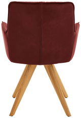 Rückansicht eines Design-Schalensessels mit weinrotem Bezug und Holzbeinen.