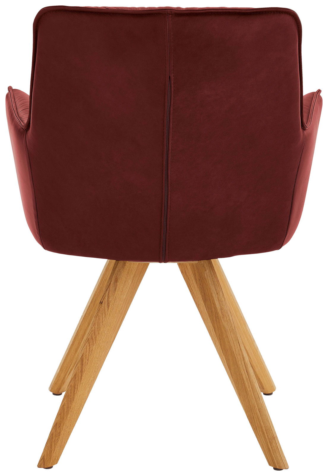 Dieter Knoll Design-Schalensessel PREMIO Rückansicht eines Design-Schalensessels mit weinrotem Bezug und Holzbeinen.