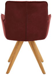 Rückansicht eines Design-Schalensessels mit weinrotem Bezug und Holzbeinen.