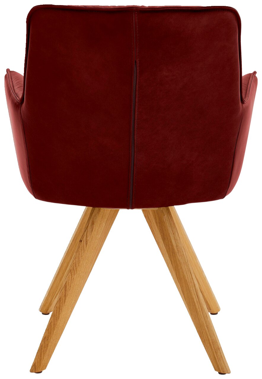 Dieter Knoll Design-Schalensessel PREMIO Rückansicht eines Design-Schalensessels mit weinrotem Bezug und Holzbeinen.