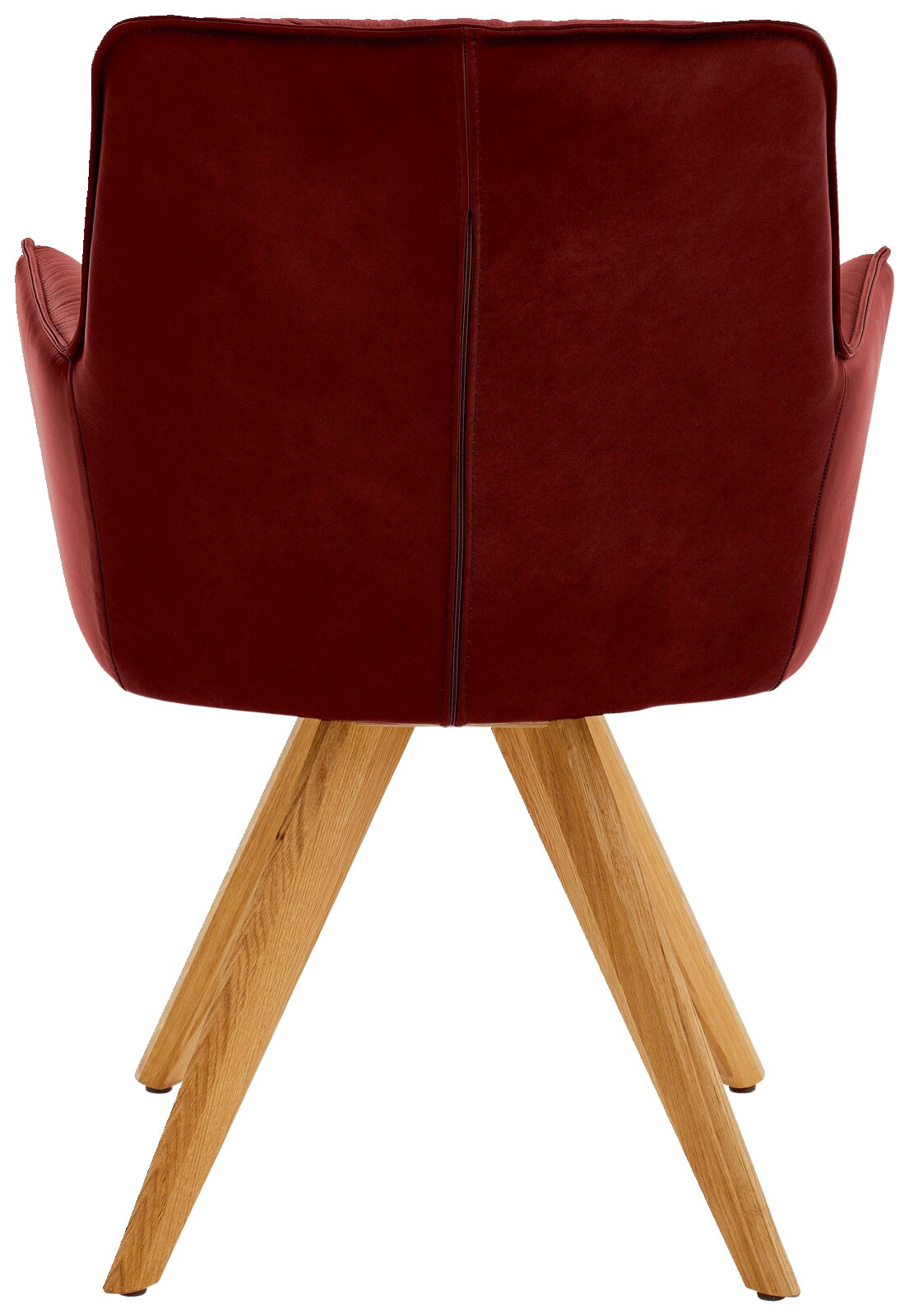 Dieter Knoll Design-Schalensessel PREMIO Rückansicht eines Design-Schalensessels mit weinrotem Bezug und Holzbeinen.