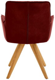 Rückansicht eines Design-Schalensessels mit weinrotem Bezug und Holzbeinen.