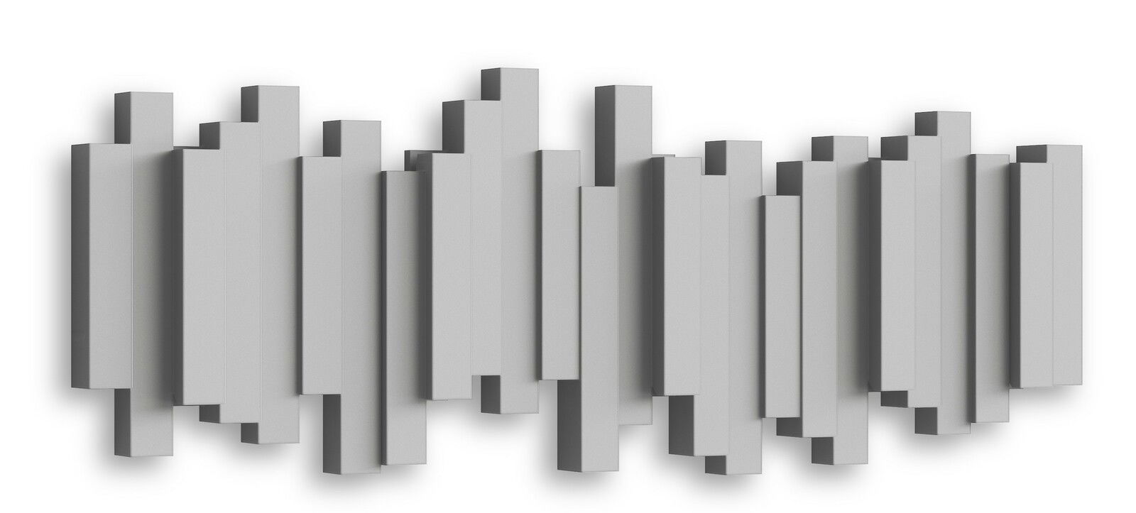 Moderne Wandgarderobe mit geometrischem Design in Grau, seitliche Perspektive