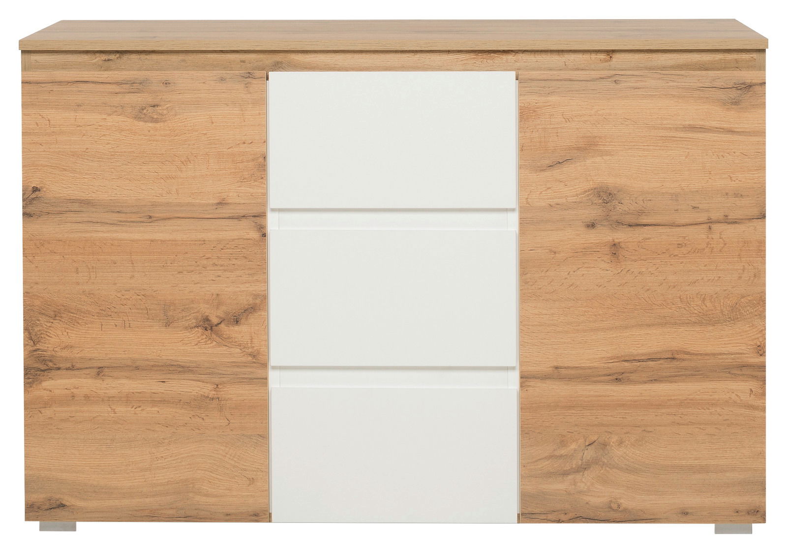 Frontale Ansicht einer modernen Kommode mit Holzoptik und weißen Schubladen.