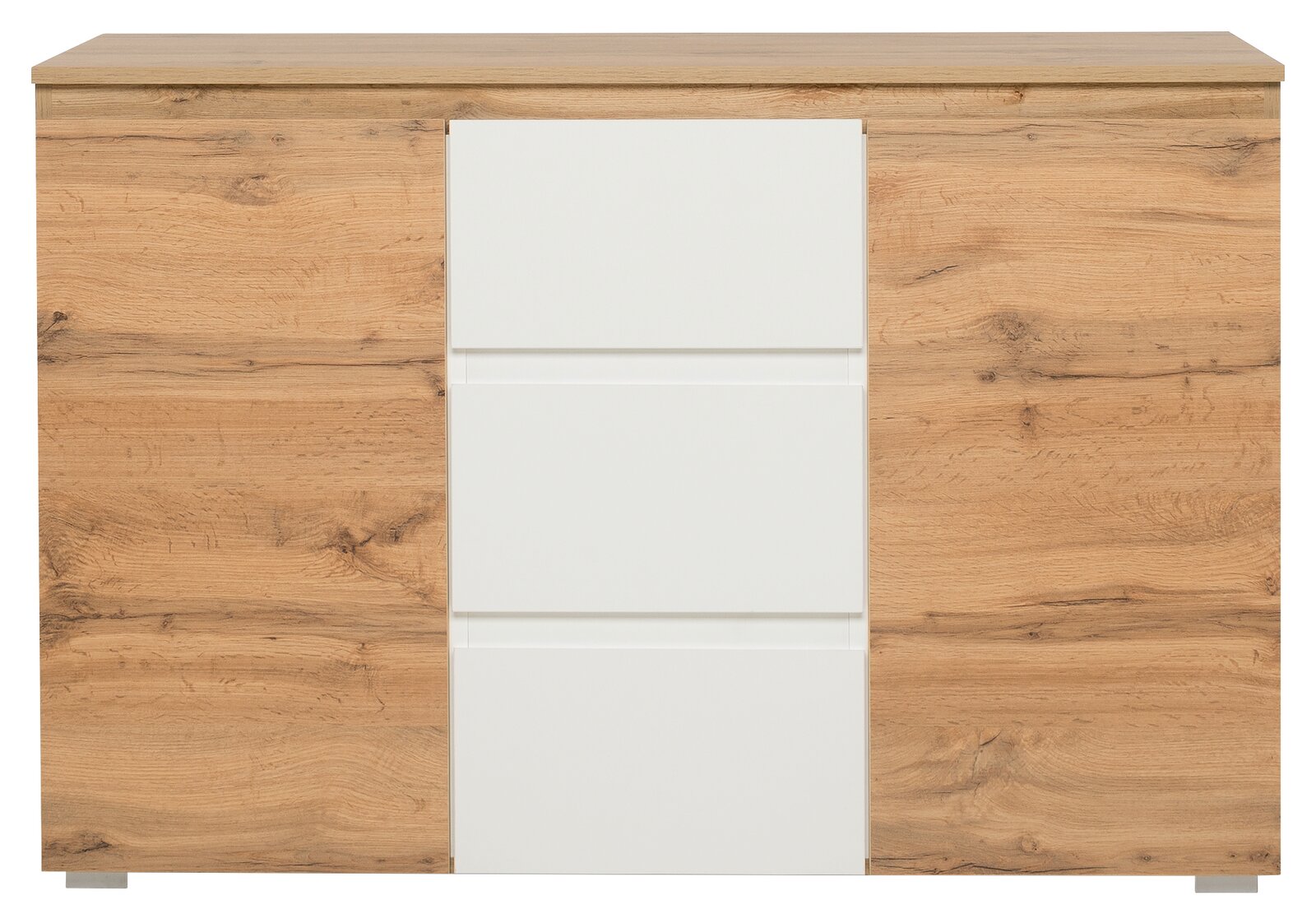 Frontale Ansicht einer modernen Kommode mit Holzoptik und weißen Schubladen.