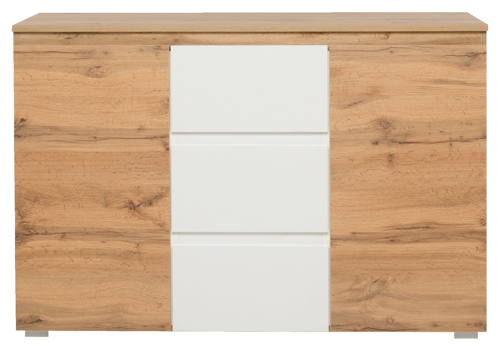 Frontale Ansicht einer modernen Kommode mit Holzoptik und weißen Schubladen.