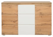 Frontale Ansicht einer modernen Kommode mit Holzoptik und weißen Schubladen.