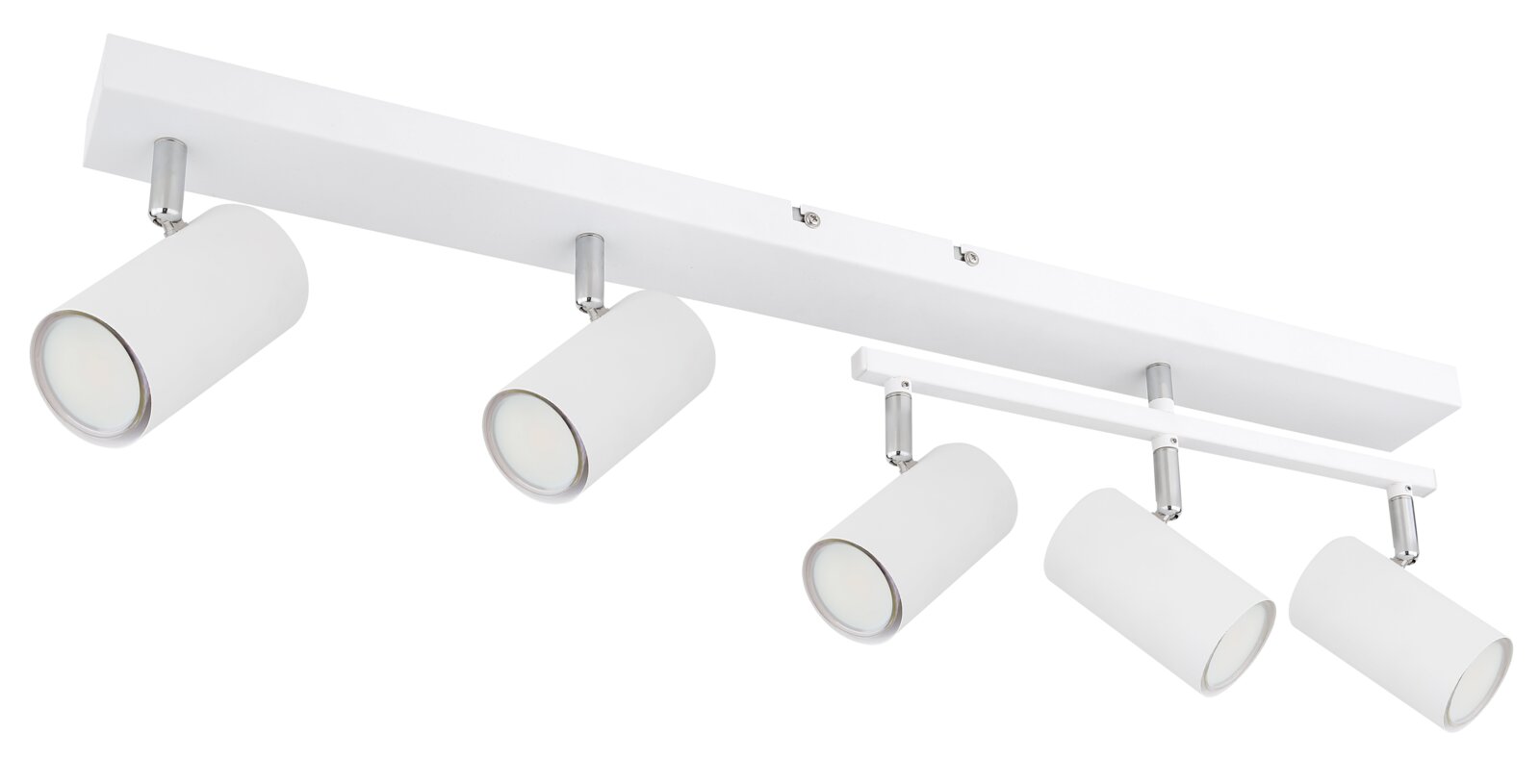 Moderner weißer Strahler mit fünf verstellbaren Leuchten, seitliche Perspektive