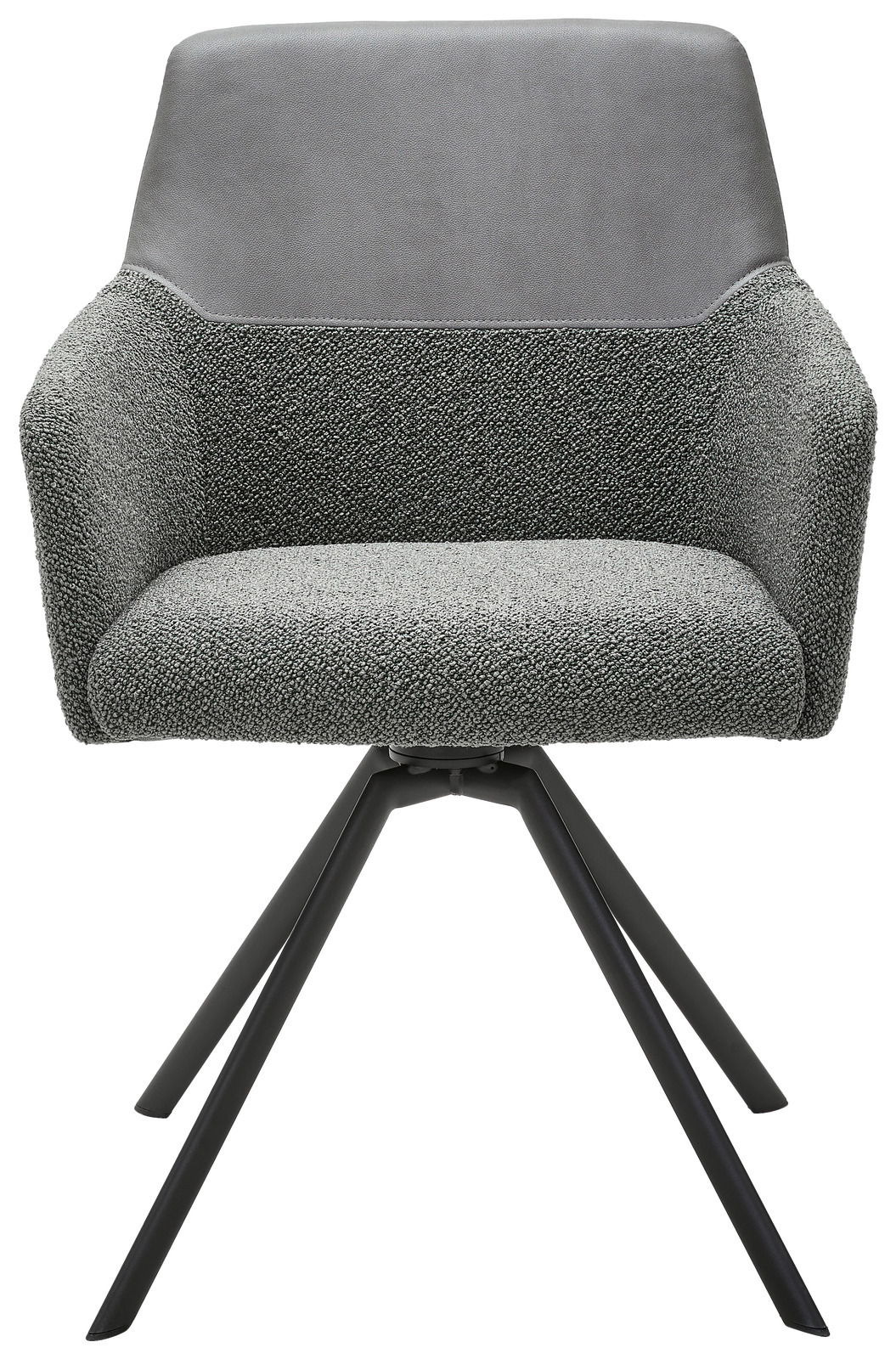 Moderner grauer Sessel mit gepolstertem Sitz und Rückenlehne, schwarzes Metallgestell, Frontalansicht