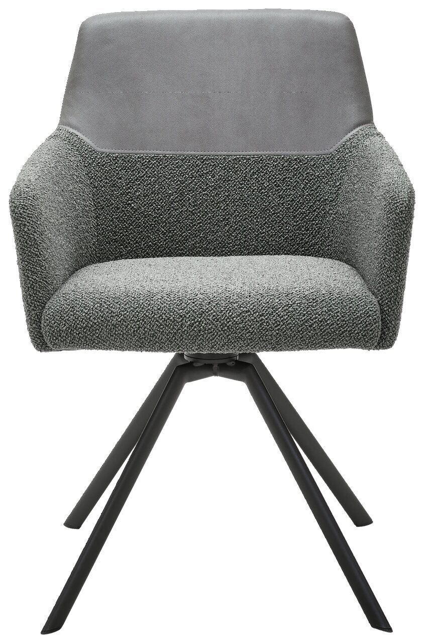 Moderner grauer Sessel mit gepolstertem Sitz und Rückenlehne, schwarzes Metallgestell, Frontalansicht