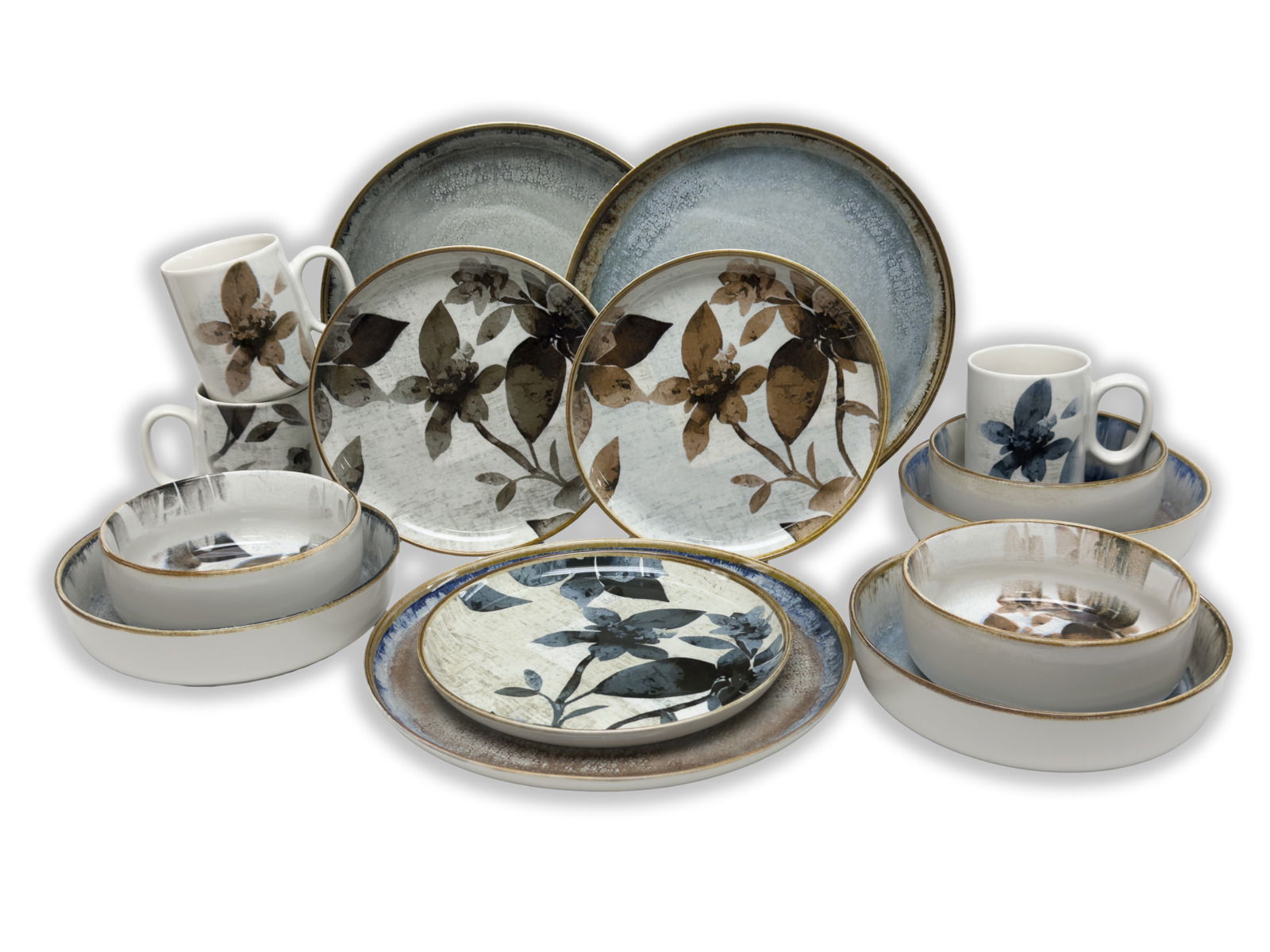KEVOLI Kombiservice 30-tlg. PROVENCE Kombiservice 30-tlg. mit floralem Design, bestehend aus Tellern, Schalen und Tassen, in einer frontalen Ansicht.