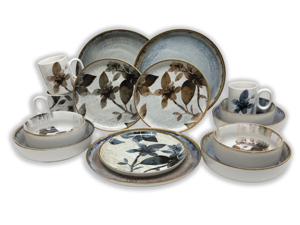 KEVOLI Kombiservice 30-tlg. PROVENCE Kombiservice 30-tlg. mit floralem Design, bestehend aus Tellern, Schalen und Tassen, in einer frontalen Ansicht.