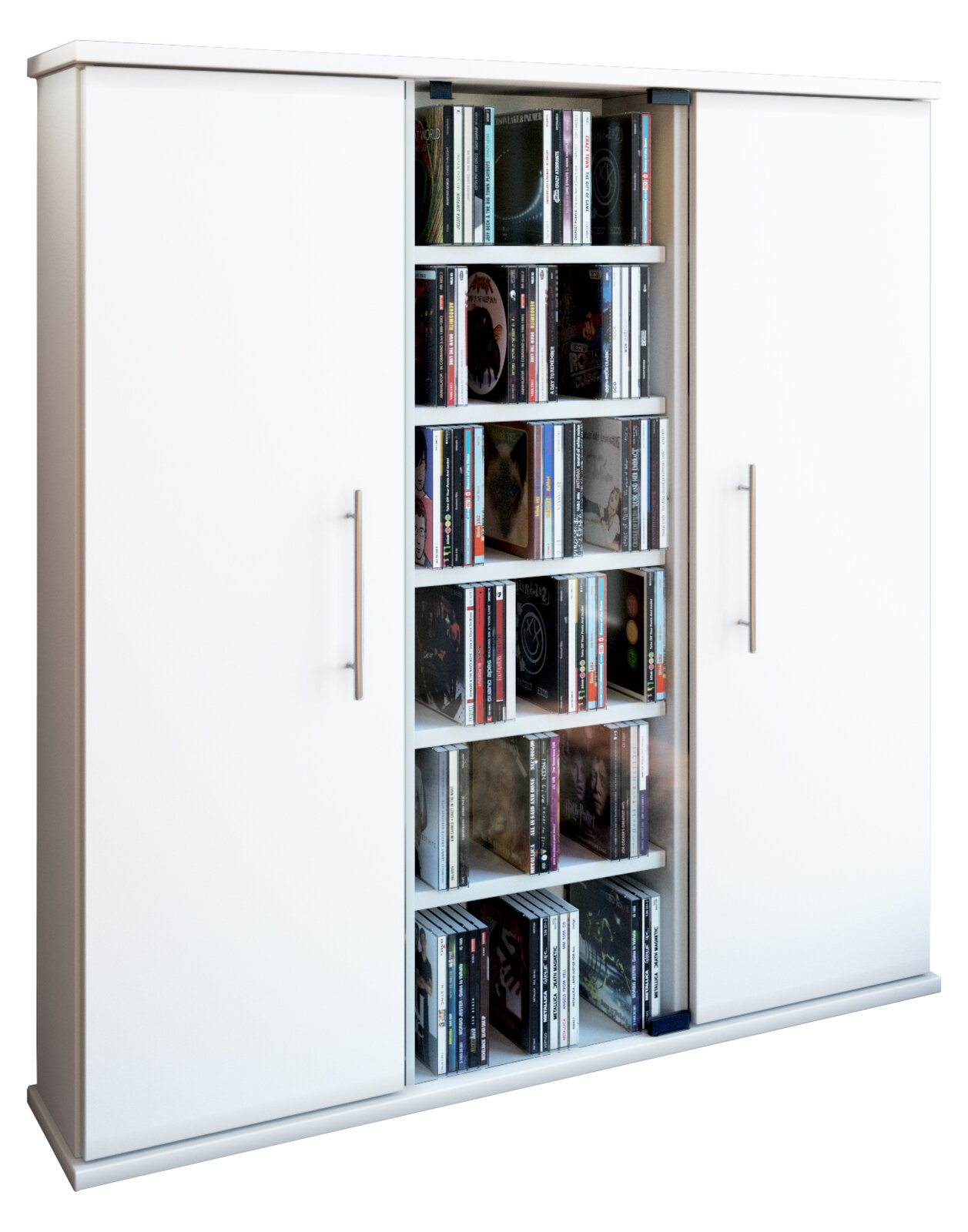 Weißes Sideboard/Schrank mit zwei Türen und mittlerem offenen Regalfach voller CDs, frontale Ansicht mit leichter Schrägperspektive von links
