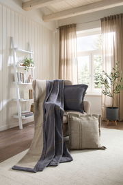 Gemütliches Wohnzimmer mit beiger und blauer Wohndecke und Kissen auf einem Sessel, im Hintergrund ein Regal und ein Fenster mit Vorhängen, seitliche Perspektive.