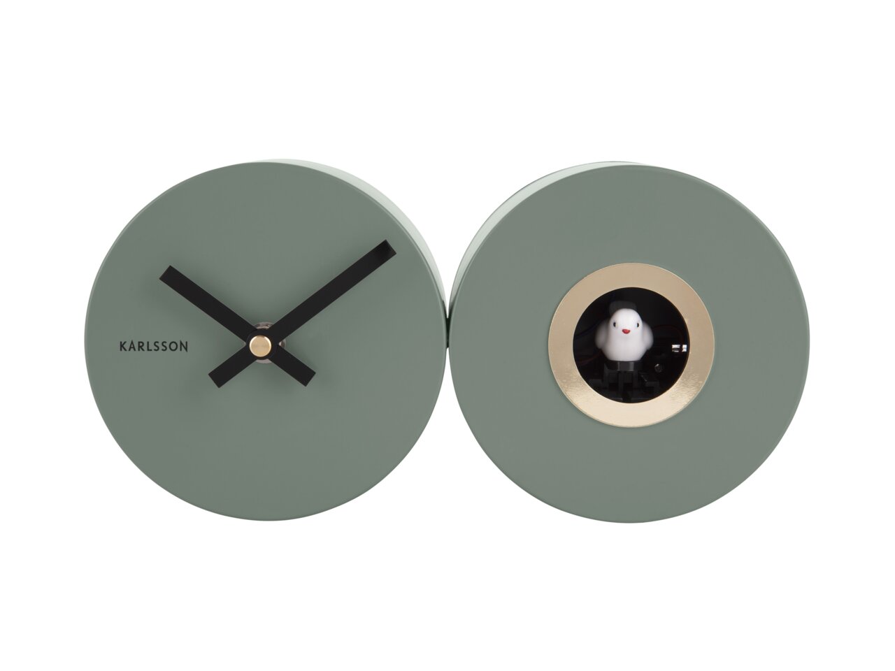 Twee ronde, matgroene klokken met een zwarte wijzerplaat en een koekoek, gezien van voren.