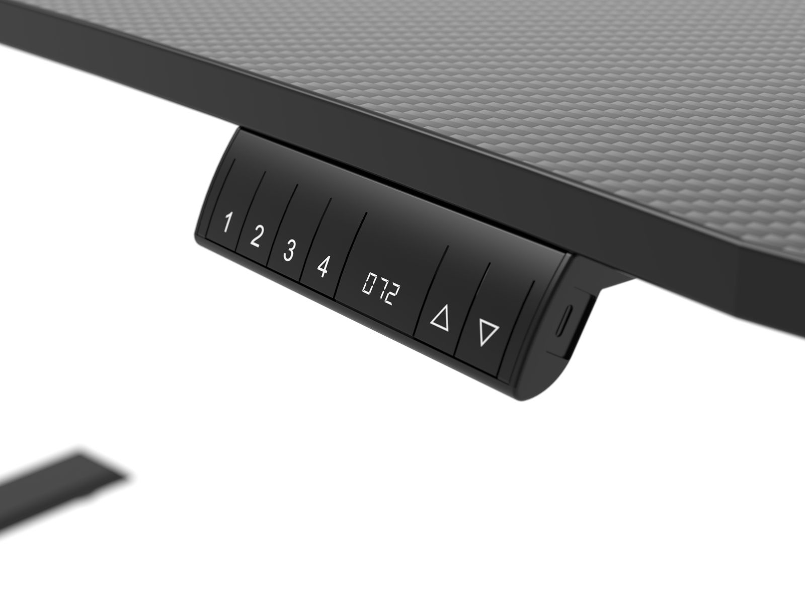 Nahaufnahme eines E-Gaming Tisches mit digitalem Bedienfeld und Höhenverstellungstasten