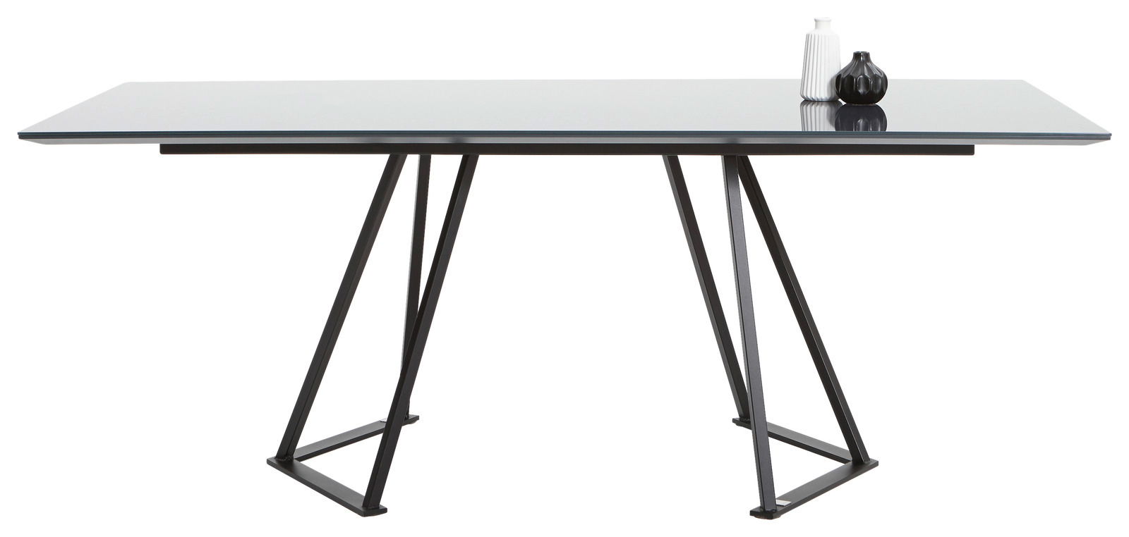 Moderner Esstisch mit Glasplatte und schwarzem Metallgestell, seitliche Perspektive