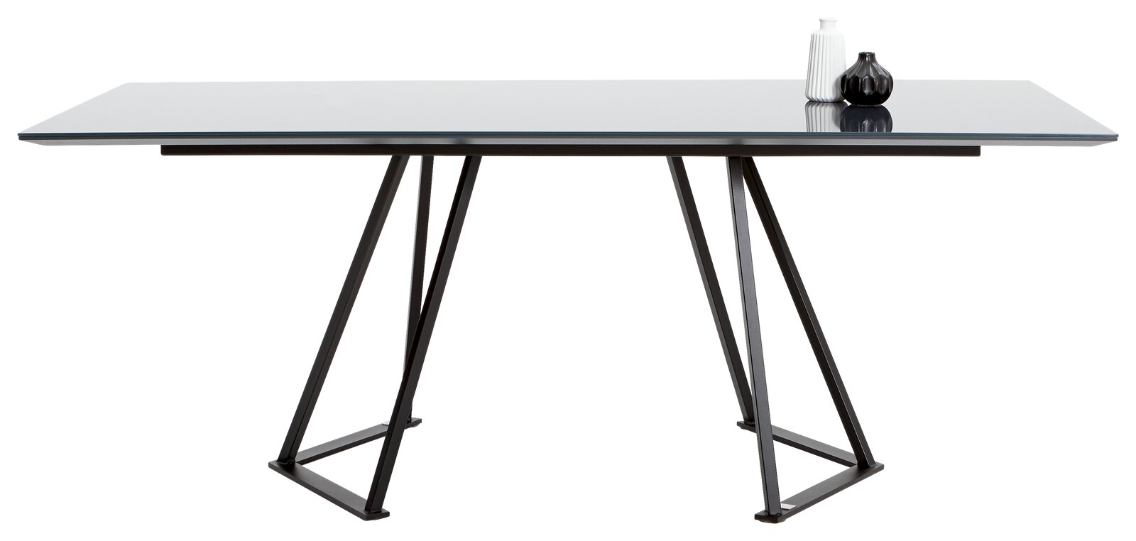 Moderner Esstisch mit Glasplatte und schwarzem Metallgestell, seitliche Perspektive