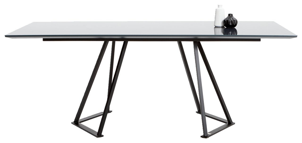 Moderner Esstisch mit Glasplatte und schwarzem Metallgestell, seitliche Perspektive