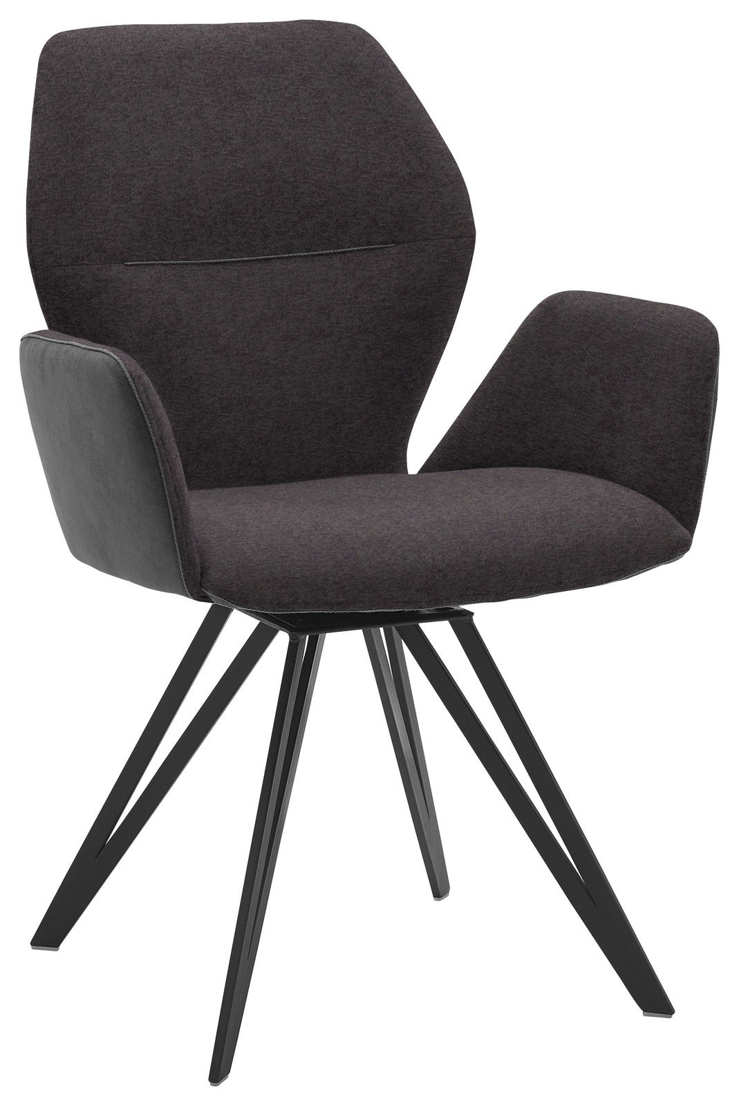 Moderner Armlehnenstuhl mit schwarzem Stoffbezug und Metallbeinen, seitliche Perspektive