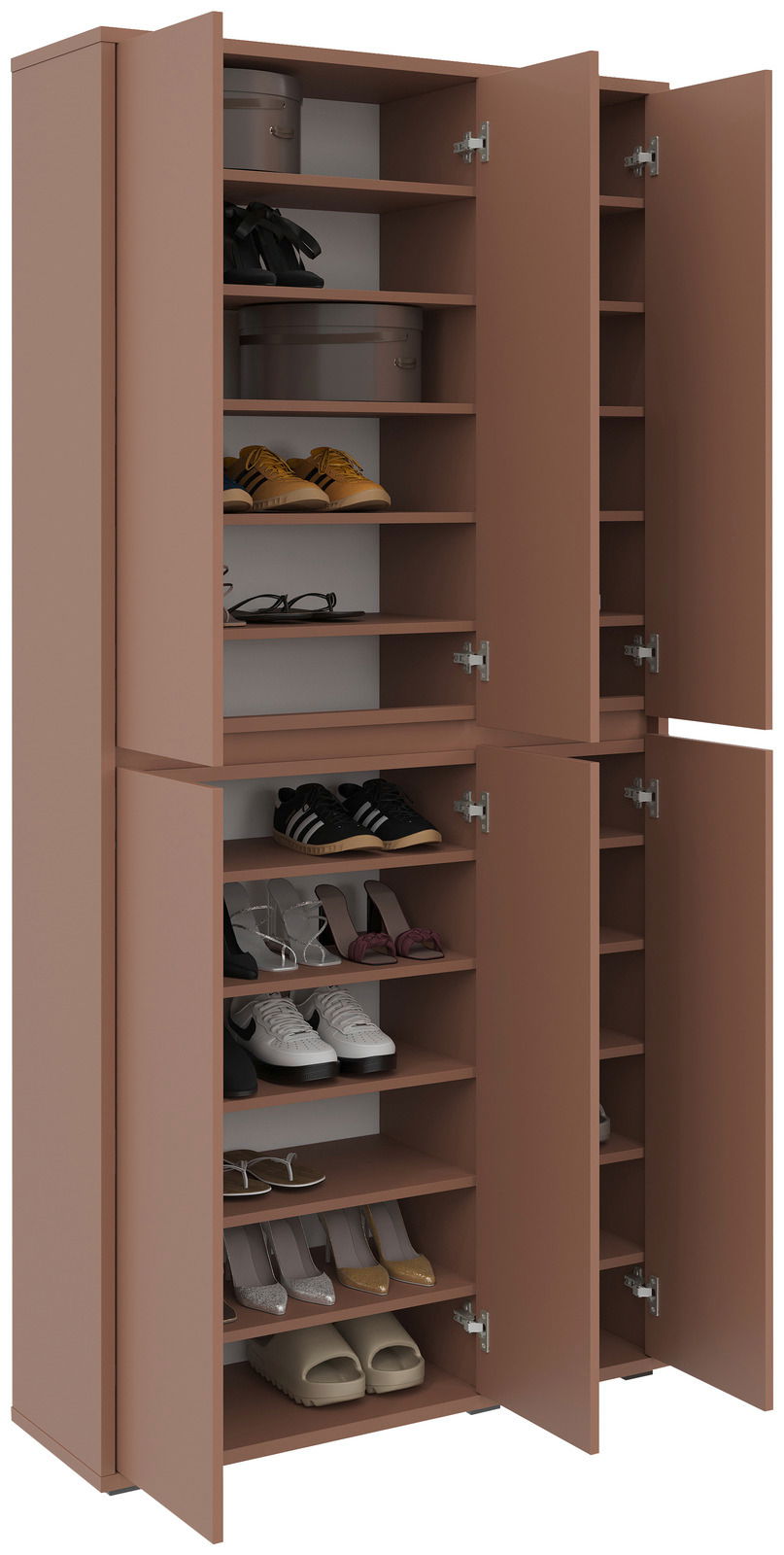 XXL-Schuh- und Mehrzweckschrank in brauner Farbe mit offenen Türen, gefüllt mit verschiedenen Schuhen und Aufbewahrungsboxen, aus frontaler Perspektive.