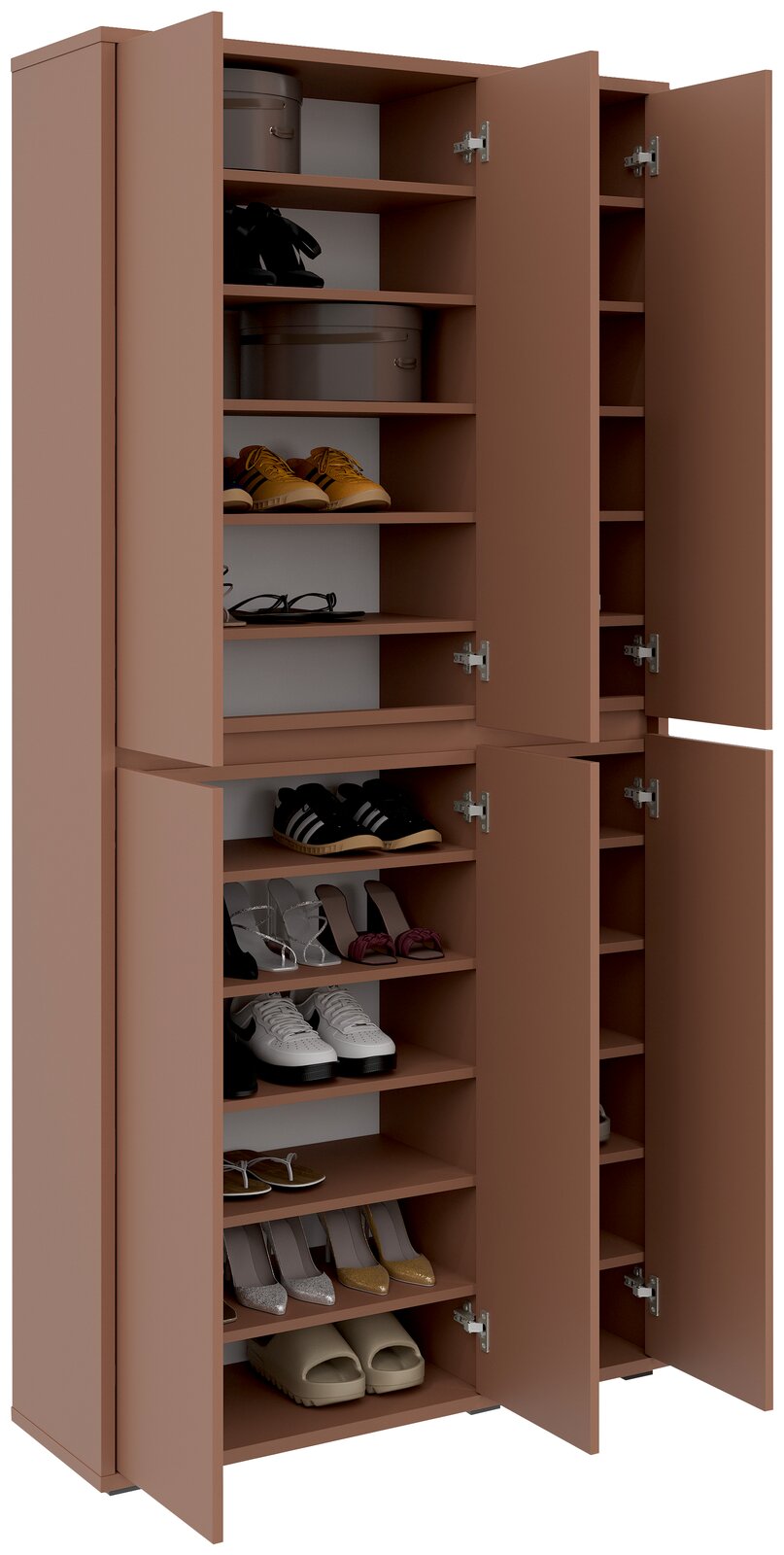 XXL-Schuh- und Mehrzweckschrank in brauner Farbe mit offenen Türen, gefüllt mit verschiedenen Schuhen und Aufbewahrungsboxen, aus frontaler Perspektive.