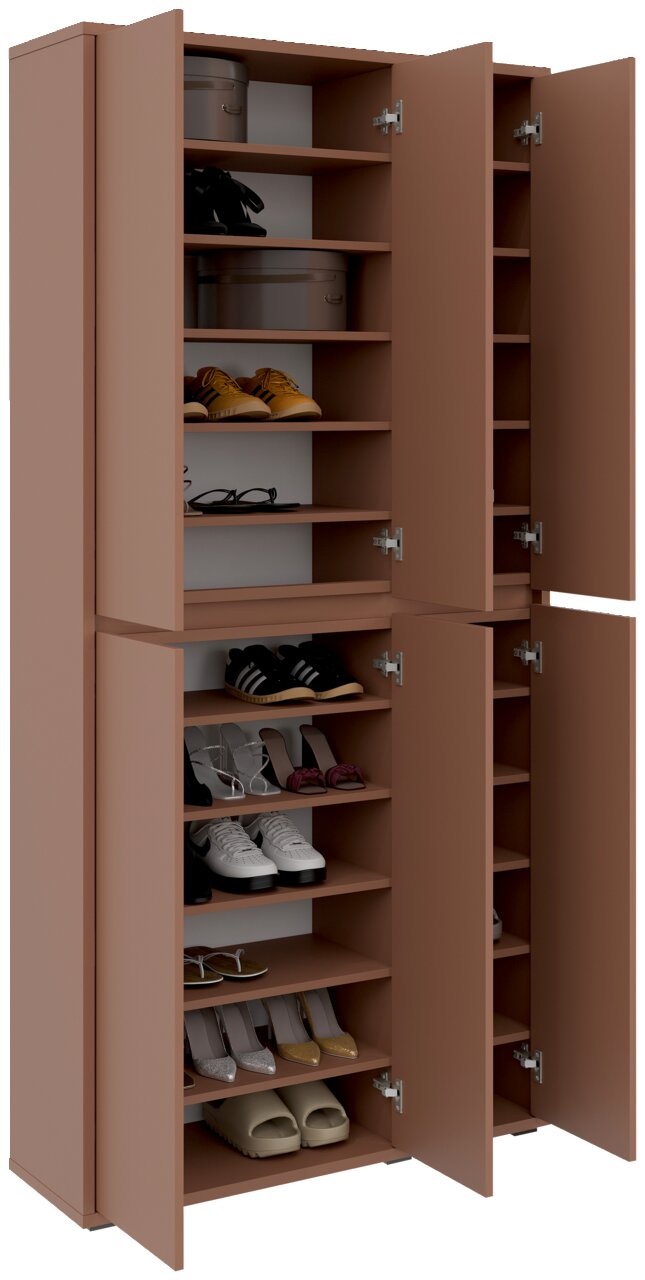 XXL-Schuh- und Mehrzweckschrank in brauner Farbe mit offenen Türen, gefüllt mit verschiedenen Schuhen und Aufbewahrungsboxen, aus frontaler Perspektive.