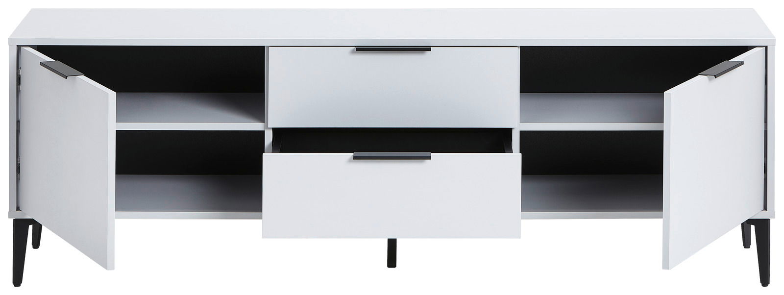 Weißes TV-Lowboard JOLLY mit offenen Türen und Schubladen, frontal betrachtet