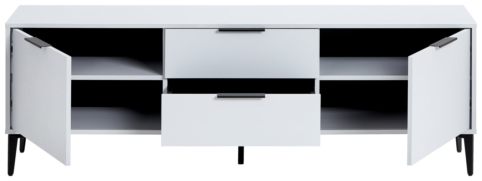Weißes TV-Lowboard JOLLY mit offenen Türen und Schubladen, frontal betrachtet