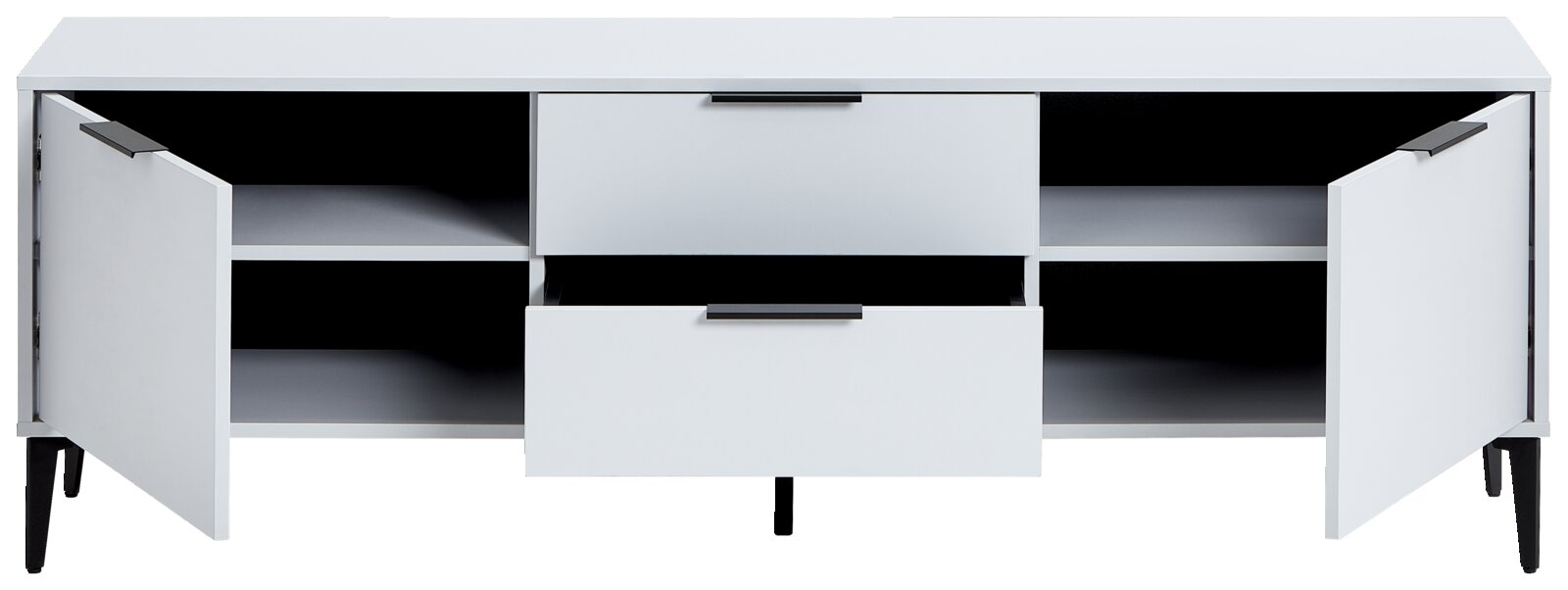 Weißes TV-Lowboard JOLLY mit offenen Türen und Schubladen, frontal betrachtet