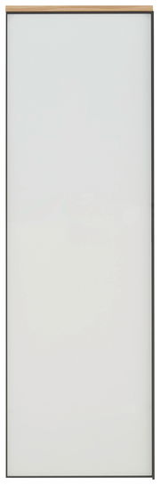 Frontansicht eines weißen Hängegarderobenschranks mit Holzleiste oben.