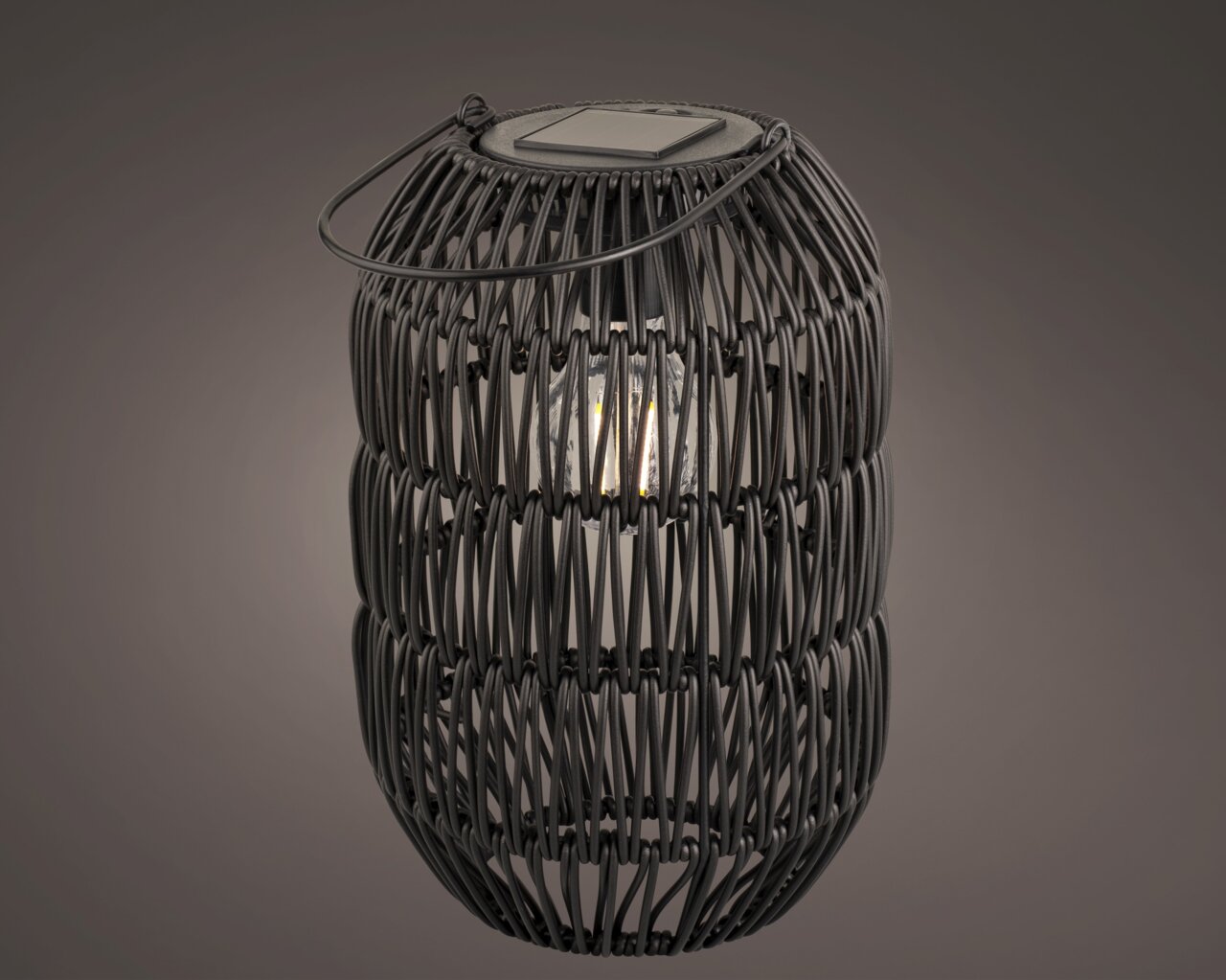 Schwarze Solar-Laterne aus Eisen mit geflochtenem Design, seitliche Perspektive