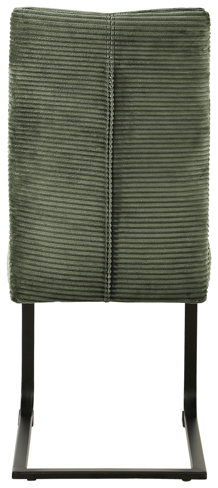 Rückansicht eines grünen Schwingstuhls mit geripptem Stoffbezug und schwarzem Metallgestell.
