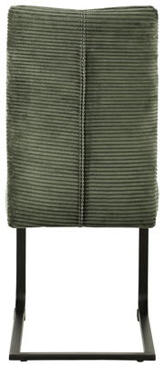 Rückansicht eines grünen Schwingstuhls mit geripptem Stoffbezug und schwarzem Metallgestell.