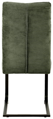 Rückansicht eines grünen Schwingstuhls mit geripptem Stoffbezug und schwarzem Metallgestell.