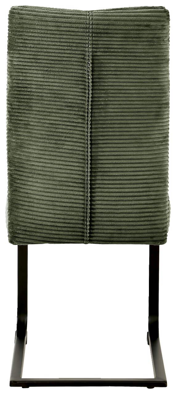 Rückansicht eines grünen Schwingstuhls mit geripptem Stoffbezug und schwarzem Metallgestell.