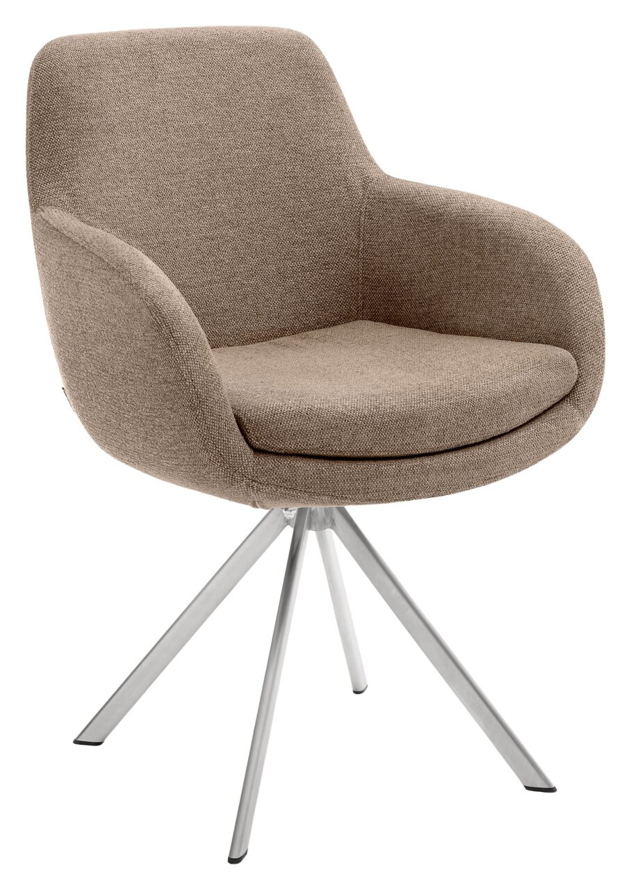 Moderner Armlehnstuhl mit beigem Stoffbezug und Metallbeinen, seitliche Perspektive