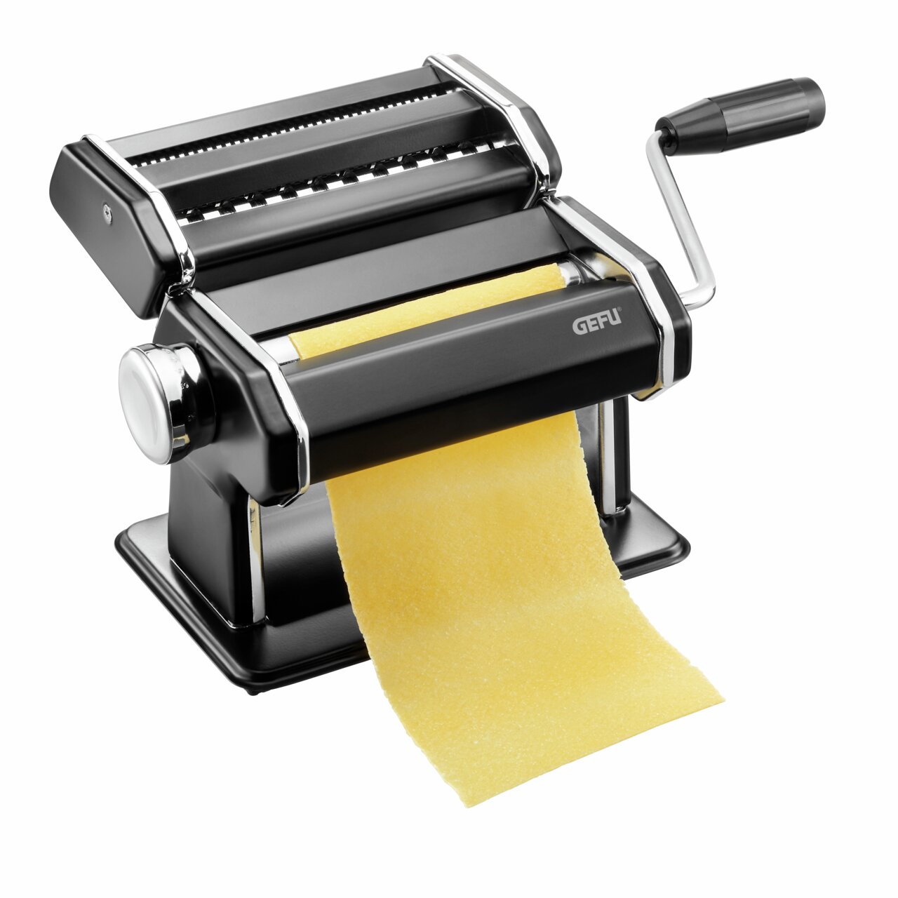 GEFU Pastamachine, matzwart PASTA PERFETTA Zwarte pastamachine met slinger, die verse pasta produceert, zijaanzicht