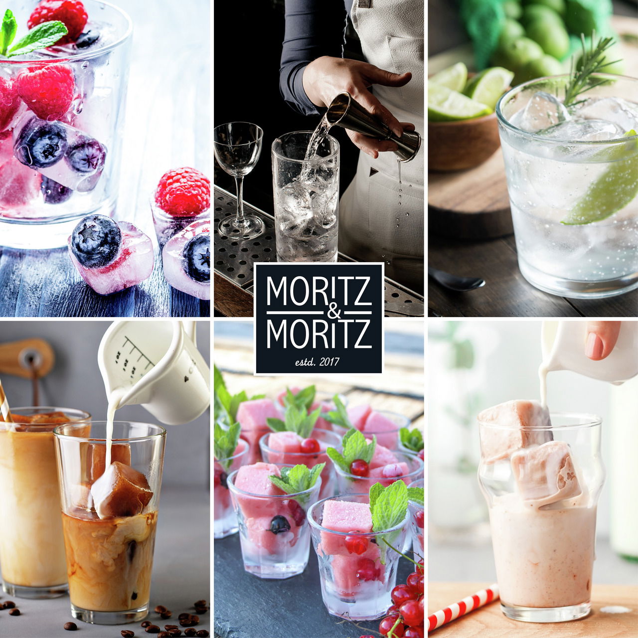 Verschiedene Getränke mit dekorativen Eiswürfeln in Gläsern, aus der Perspektive von oben und seitlich betrachtet.