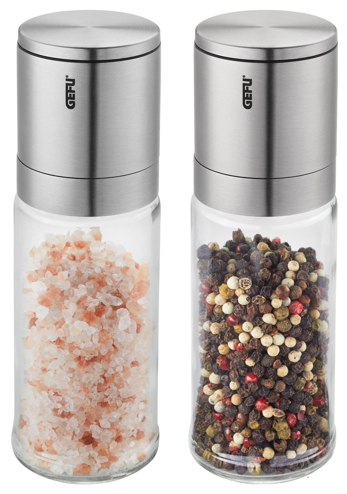 Zwei Salz- und Pfeffermühlen LAMOLA aus Edelstahl und Glas, gefüllt mit rosa Himalaya-Salz und buntem Pfeffer, in Frontalansicht.